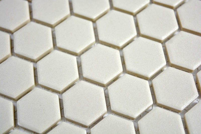 Hand-painted mosaic tile ceramic white hexagon light beige unglazed MOS11A-1202-R10_m