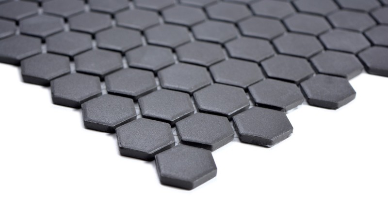 Handmuster Mosaik Fliese Keramik Hexagon schwarz unglasiert MOS11A-0304-R10_m