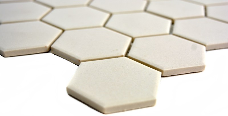 Hand-painted mosaic tile ceramic white hexagon light beige unglazed MOS11B-1202-R10_m