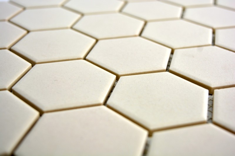 Hand-painted mosaic tile ceramic white hexagon light beige unglazed MOS11B-1202-R10_m