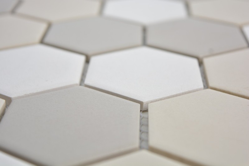 Handmuster Mosaik Fliese Keramik Hexagon weiß hellbeige hellgrau unglasiert MOS11B-1122-R10_m