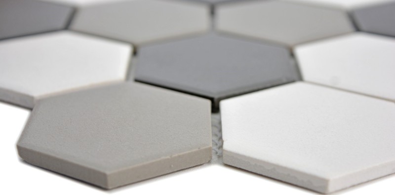 Hand-painted mosaic tile ceramic hexagon white gray black unglazed MOS11B-0123-R10_m