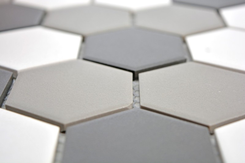 Handmuster Mosaik Fliese Keramik Hexagon weiß grau schwarz unglasiert MOS11B-0123-R10_m