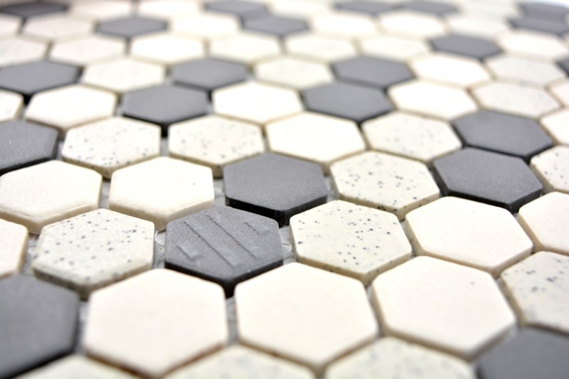 Mosaico dipinto a mano in ceramica beige nero Hexagaon non smaltato MOS11A-0113-R10_m