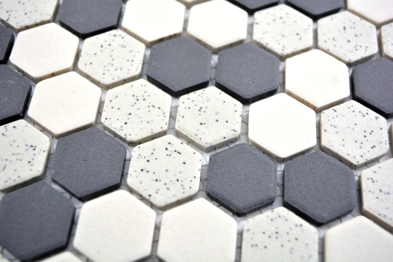 Mosaico dipinto a mano in ceramica beige nero Hexagaon non smaltato MOS11A-0113-R10_m