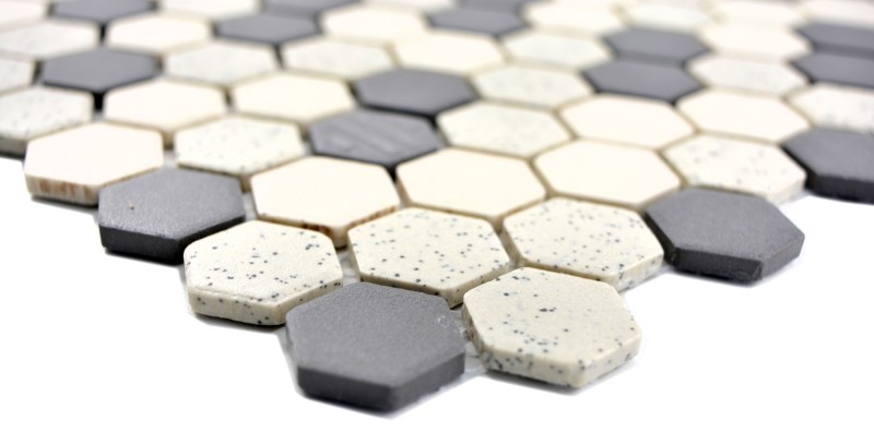 Hand-painted mosaic tile ceramic beige black Hexagaon unglazed MOS11A-0113-R10_m