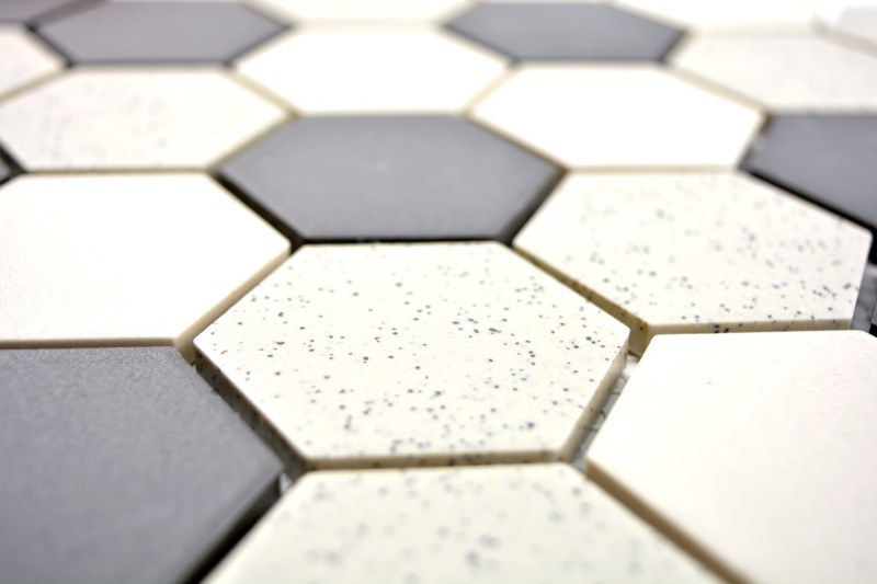 Hand-painted mosaic tile ceramic beige black Hexagaon unglazed MOS11G-0113-R10_m