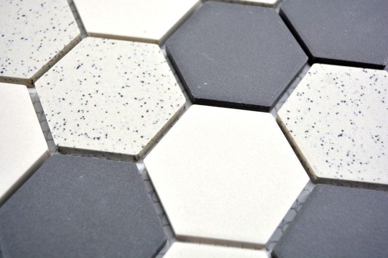 Mosaico dipinto a mano in ceramica beige nero Hexagaon non smaltato MOS11G-0113-R10_m