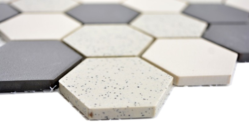 Hand-painted mosaic tile ceramic beige black Hexagaon unglazed MOS11G-0113-R10_m