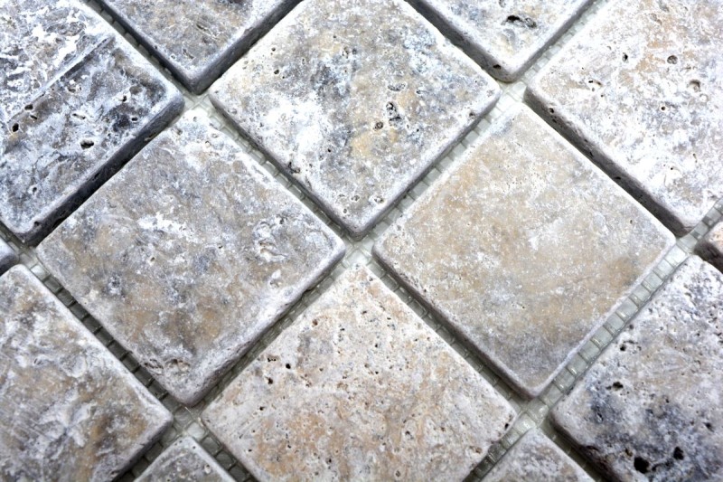 Campione a mano piastrelle di mosaico travertino pietra naturale bianco grigio argento Travertino antico MOS43-47048_m
