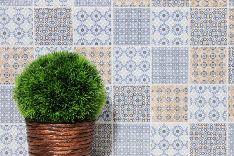 Retro vintage mosaic tile backsplash kitchen backsplash white blue orange gray tile backsplash patchwork - MOS22B-1404