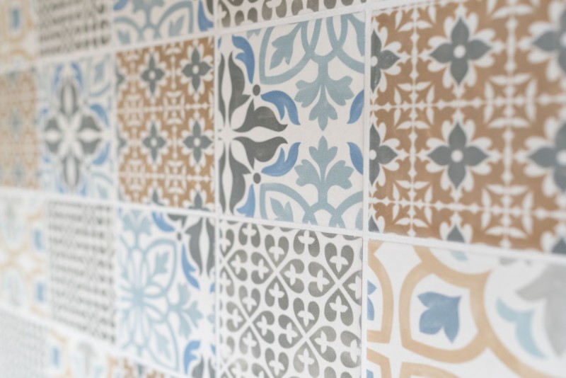 Mosaïque rétro vintage mur céramique crème bleu orange gris mat patchwork - MOS22B-1406