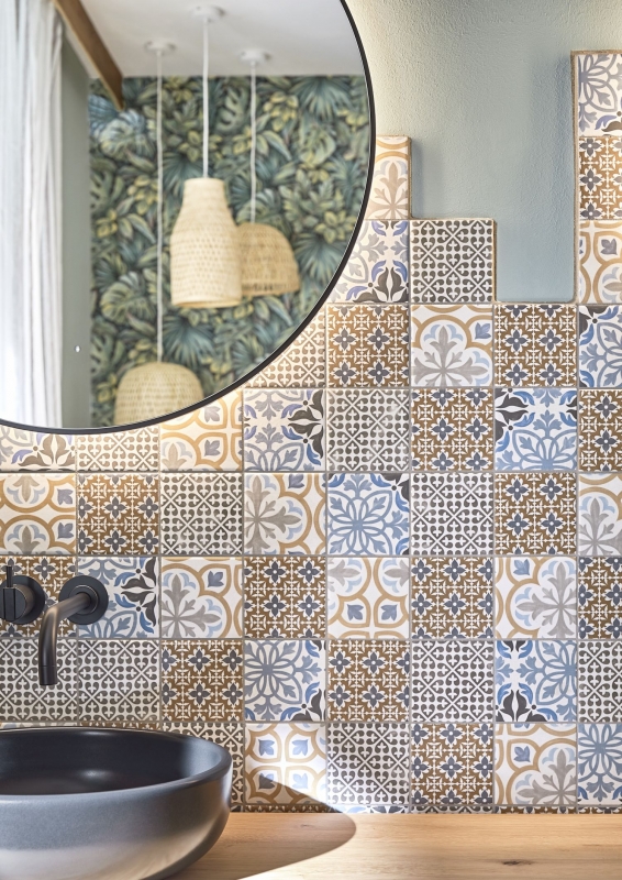 Retro vintage mosaic tile wall ceramic cream blue orange gray matt patchwork - MOS22B-1406