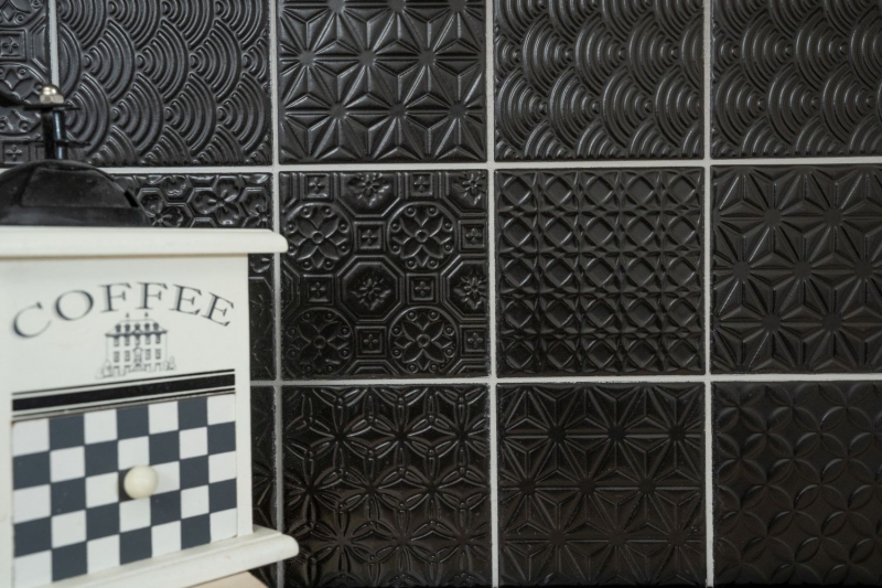 Retro vintage mosaico piastrelle muro ceramica nero struttura parete bagno cucina WC rivestimento - MOS22B-1403