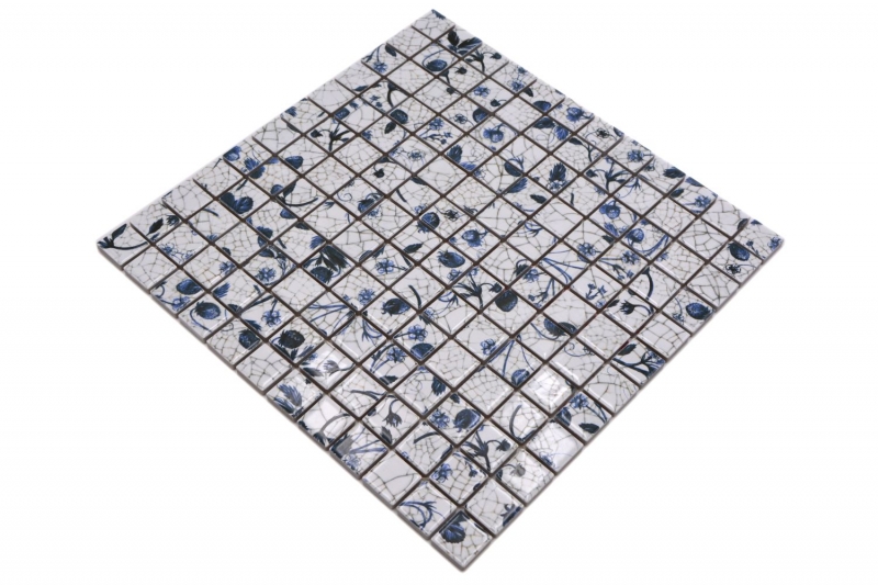 Keramik Mosaik Retro Vintage weiß blaue Blume Mosaikfliese Küchenrückwand MOS18D-1404