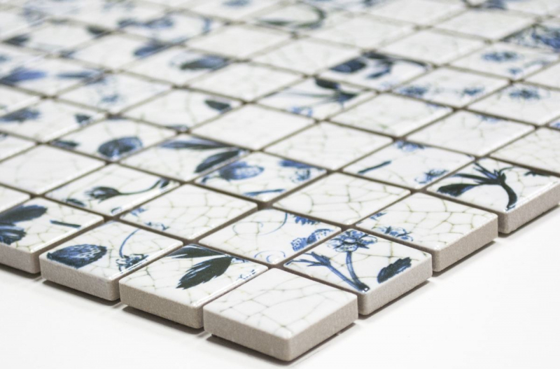 Piastrelle di mosaico retro vintage in ceramica bianca blu fiore cucina splashback MOS18D-1404_f | 10 tappetini di mosaico
