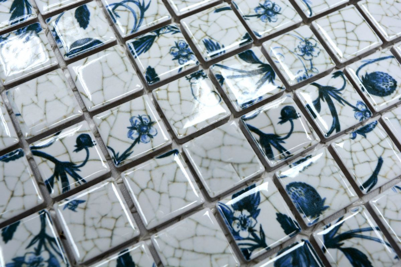 Handmuster Mosaikfliese Retro Vintage Keramik weiß blaue Blume Küchenrückwand MOS18D-1404_m