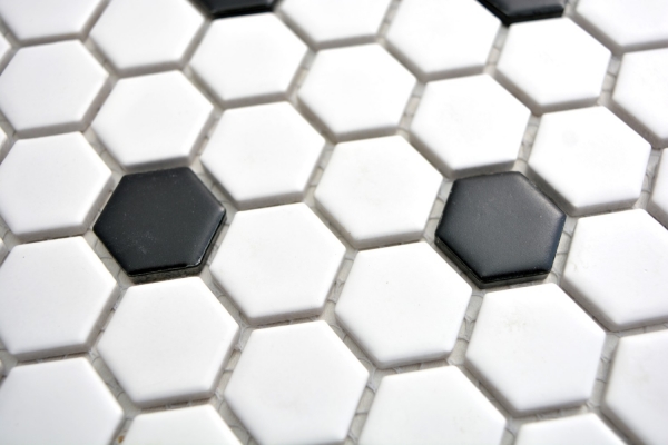 10Matten Mosaik Fliese Keramik Hexagon schwarz weiß matt Sauna|11A-0103_f 