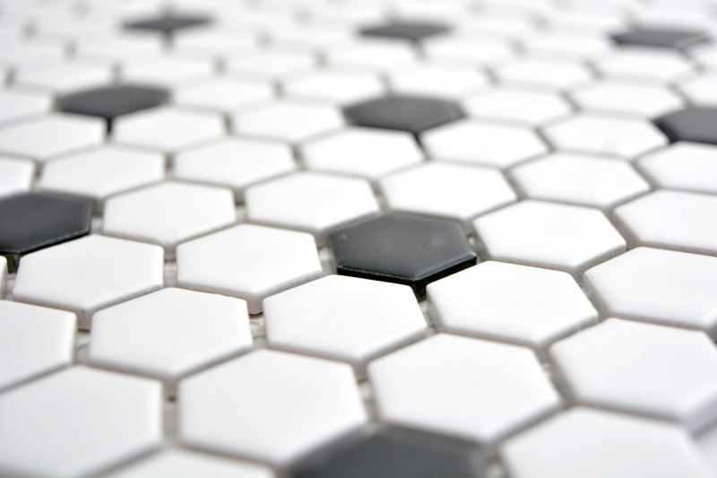 Mosaikfliesen Keramik Hexagon schwarz weiß matt Fliesenspiegel Küche MOS11A-0301_f | 10 Mosaikmatten