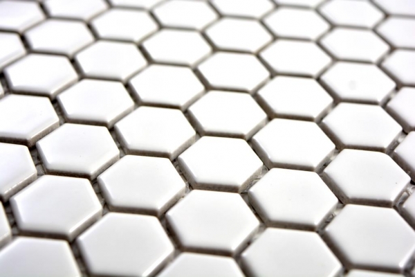 Handmuster Mosaik Fliese Keramik Hexagon weiß glänzend Fliesenspiegel Küche MOS11A-0102_m
