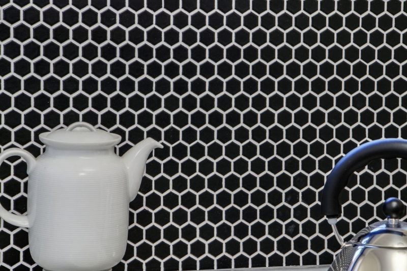 Hexagonale Sechseck Mosaik Fliese Keramik mini schwarz matt Duschrückwand Fliesenspiegel Wandfliese Badfliese - MOS11A-0311