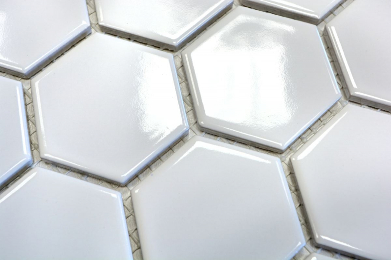 Piastrelle di mosaico in ceramica esagonale bianco lucido per cucina MOS11B-0102_f | 10 tappetini di mosaico