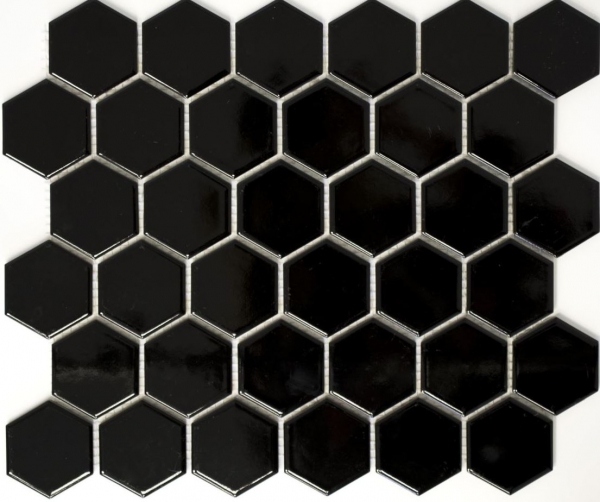 Handmuster Mosaik Fliese Keramik Hexagon schwarz glänzend Duschrückwand Fliesenspiegel MOS11B-0302_m