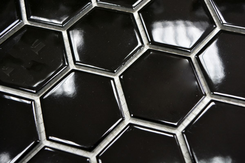 Hexagonal hexagon mosaic tile ceramic black glossy shower splashback tile backsplash kitchen wall bathroom - MOS11B-0302