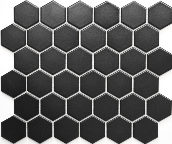 Hexagonale Sechseck Mosaik Fliese Keramik schwarz matt Duschrückwand Fliesenspiegel Küchenrückwand Wand Bad - MOS11B-0311