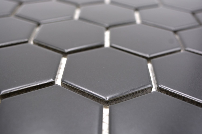 Hexagonale Sechseck Mosaik Fliese Keramik schwarz matt Duschrückwand Fliesenspiegel Küchenrückwand Wand Bad - MOS11B-0311