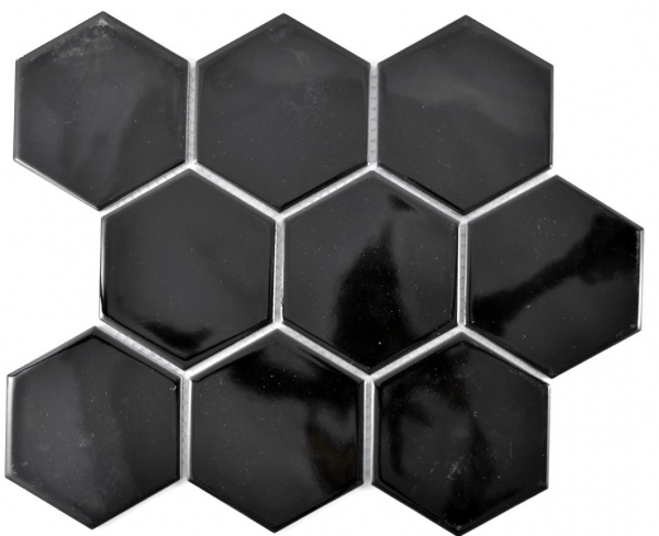 Hexagonale Sechseck Mosaik Fliese Keramik XL schwarz glänzend Küchenfliese WC Badfliese Wandverkleidung - MOS11F-0301