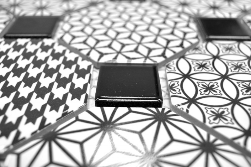 Piastrelle di mosaico in ceramica ottagono MISTO bianco lucido nero mosaico muro cucina splashback MOSOcta-0301_f | 10 tappetini di mosaico