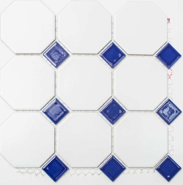 Handmuster Mosaik Fliese Keramik Octagonal weiß matt kobaltblau glänzend Mosaikwand Küchenrückwand MOSOcta-180_m