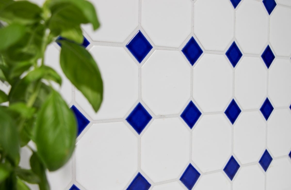 Octagonale Achteck Mosaik Fliese Keramik weiß matt kobaltblau glänzend Mosaikwand Küchenrückwand MOSOcta-180