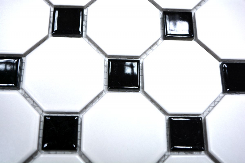 Mosaikfliesen Keramik Octagon weiß matt schwarz glänzend Fliesenspiegel MOS13-OctaG468_f | 10 Mosaikmatten