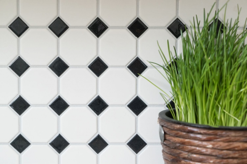 Octagonal octagon mosaic tile ceramic white matt black glossy wall tile bathroom tile MOS13-OctaG468