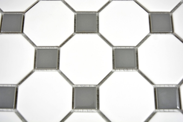 Hand-painted mosaic tile ceramic metal gray octagon white matt metal glossy MOS13-0122_m
