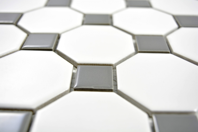 Octagonale Achteck Mosaik Fliese Keramik metallgrau weiß matt metall glänzend Fliesenspiegel - MOS13-0122