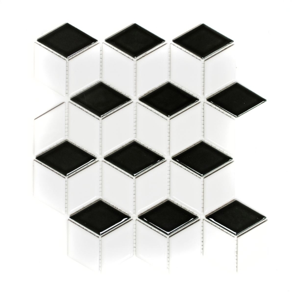 Würfel Mosaik Fliese Keramik 3D weiß schwarz matt Wandfliesen Badfliese Küchenfliese - MOS13-OV09