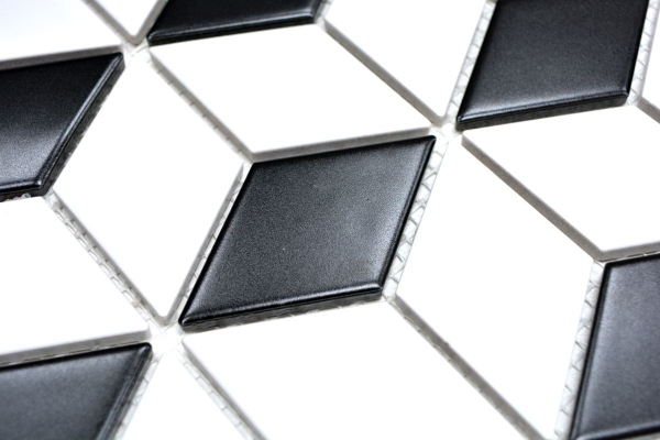 Handmuster Mosaik Fliese Keramik 3D Würfel weiß schwarz matt Wandfliesen Badfliese MOS13-OV09_m