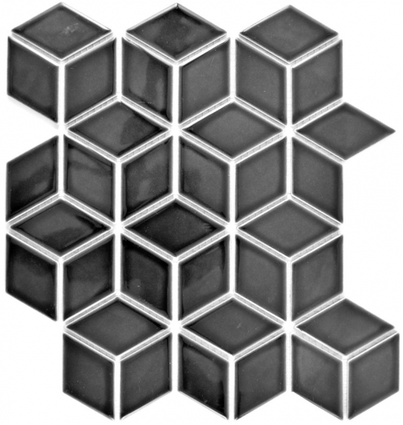 Piastrelle a mosaico in ceramica nera 3D cubo nero lucido backsplash MOS13OV-0301_f | 10 tappetini a mosaico