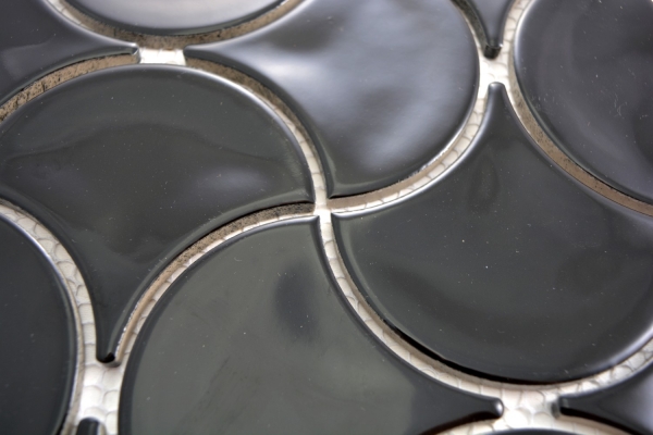 Fächer Mosaik Fliese Keramik schwarz glänzend Welle Wandfliesen Badfliese Küchenfliese WC - MOS13-FSW03