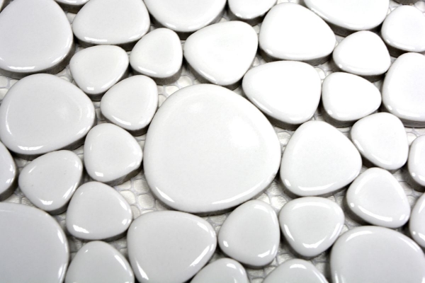 Kieselmosaik Pebbles Keramikdrops weiß glänzend Duschtasse Fliesenspiegel MOS12-0102