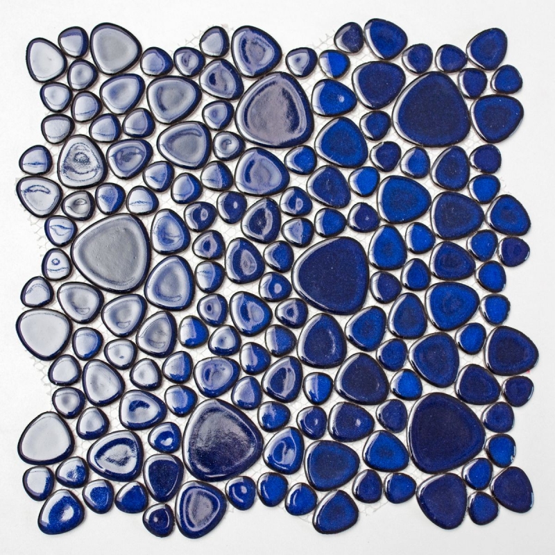 Hand-painted pebble mosaic Pebbles ceramic blue glossy shower tray tile backsplash MOS12-0405_m