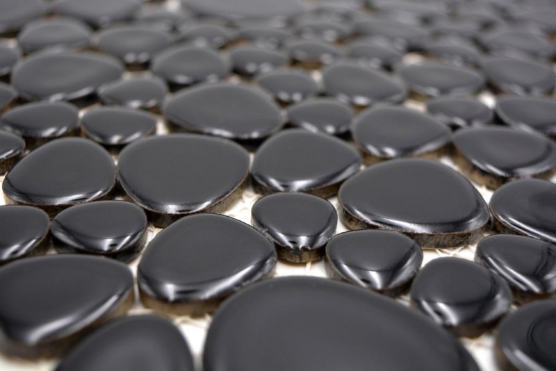 Kieselmosaik Pebbles Keramikdrops schwarz glänzend Duschtasse Fliesenspiegel MOS12-0302