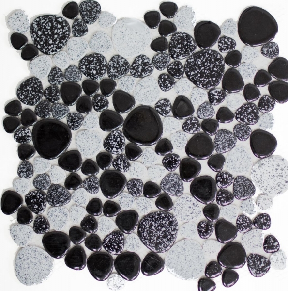 Handmuster Kieselmosaik Pebbles grau schwarz Spots Duschtasse Fliesenspiegel MOS12-0103_m