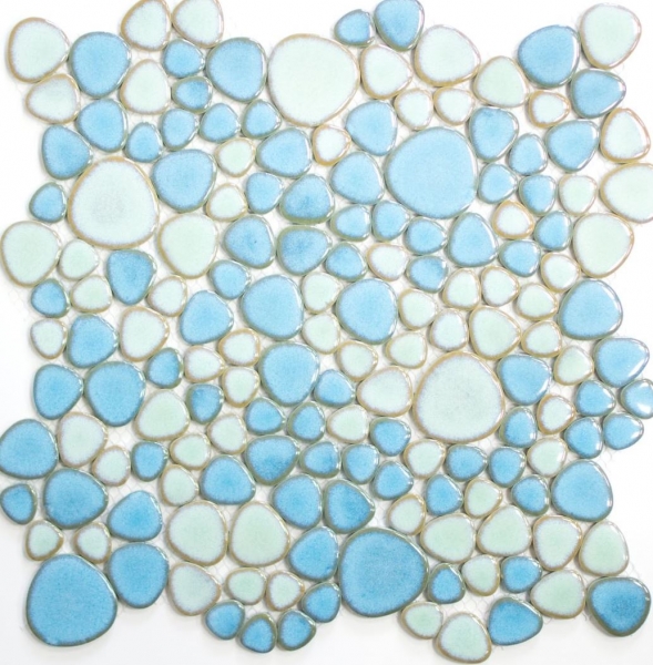 Hand-painted pebble mosaic Pebbles ceramic turquoise green light blue shower tile backsplash MOS12-0401_m