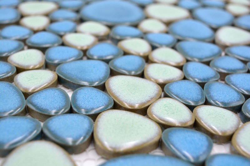 Pebble mosaic Pebbles ceramic drops turquoise green light blue shower tile backsplash MOS12-0401