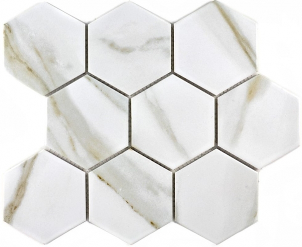 Piastrella di mosaico decorata a mano in ceramica esagonale bianca calacatta piastrella da parete per bagno MOS11F-0112_m