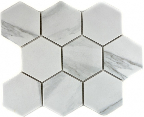 Hexagonale Sechseck Mosaik Fliese Keramik weiß anthrazit XL Carrara Wandfliesen Badfliese Fliesenspiegel Küche - MOS11F-0102
